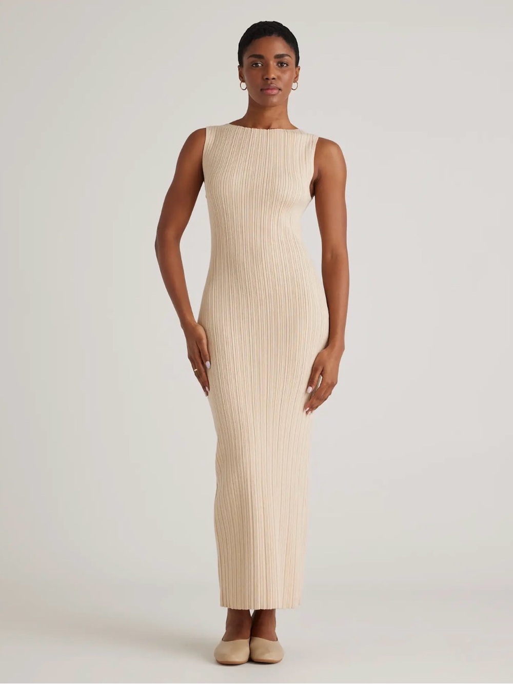 QUINCE Cotton Cashmere Ribbed Sleeveless *Midi/Maxi Dress in Heather Oatmeal XS